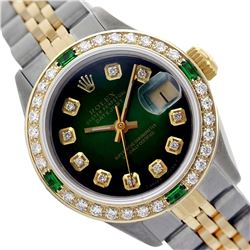 Rolex Ladies Two Tone 14K Gold/SS, Diam Dial & Diam/Emerald Bezel, Saph Crystal - REF-368H7W