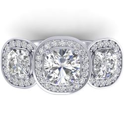 2.7 CTW Cushion Cut Certified VS/SI Diamond Art Deco 3 Stone Ring 14K White Gold - REF-592R8K - 3034