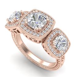 2.75 CTW Cushion Cut VS/SI Diamond Art Deco 3 Stone Ring 18K Rose Gold - REF-609F3M - 37041