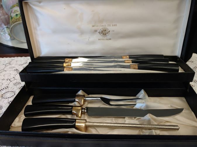 VINTAGE CARVING KNIFE SET, SHEFFIELD, ENGLAND, E PARKER & SONS, 9 PC