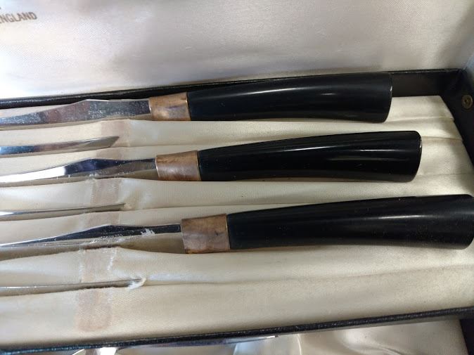 VINTAGE CARVING KNIFE SET, SHEFFIELD, ENGLAND, E PARKER & SONS, 9 PC