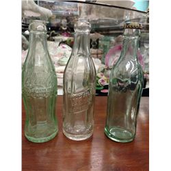 ANTIQUE & VINTAGE BOTTLES, LOT OF 3, COKE SCOTTS BLUFF NEBRASKA, WHISTLE LID, WOODVILLE SPRINGS CO