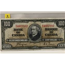 1937 Bk of Canada One Hundred Dollar Bill; Coyne/Towers; SN B/J4977102