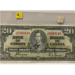 1937 Bk of Canada Twenty Dollar Bill; Coyne/Towers; SN J/E0283148