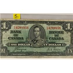 1937 Bk of Canada One Dollar Bill; Coyne/Towers; SN K/N4288956
