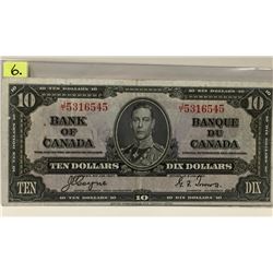 1937 Bk of Canada Ten Dollar Bill; Coyne/Towers/ SN J/T5316545