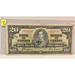 1937 Bk of Canada Twenty Dollar Bill; Coyne/Towers; SN J/E5122147