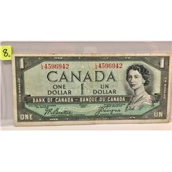 1954 Bk of Canada One Dollar Bill; Beattie/Coyne; Devil's Face; SN L/A4596942