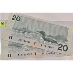 1991 Bk of Canada Twenty Dollar Bill; (2); Thiessen/Crowe; Consecutive SN's AIT1200081-AIT1200082