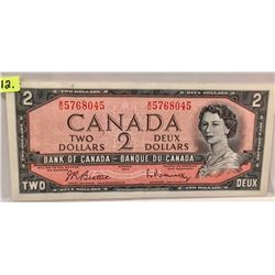 1954 Bk of Canada Two Dollar Bill; Beattie/Rasminsky; SN W/U5768045
