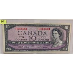 1954 Bk of Canada Ten Dollar Bill; Beattie/Rasminsky; SN T/T0366764