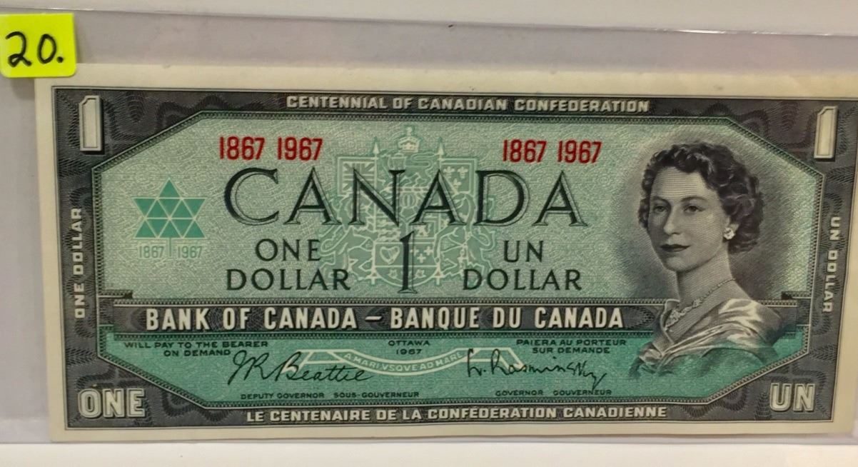 1967 Bk of Canada One Dollar Bill; Beattie/Rasminsky; 1867 1967 1967 Bk of Canada One Dollar Bill; Beattie/Rasminsky; 1867 1967