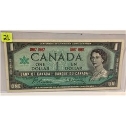 1967 Bk of Canada One Dollar Bill; Beattie/Rasminsky; 1867 - 1967