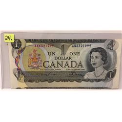 1973 Bk of Canada One Dollar Bill; Lawson/Bouey; SN AN6321999; Cut Error