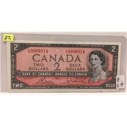 1954 Bk of Canada Two Dollar Bill; Beattie/Rasminsky; SN L/G 0908914