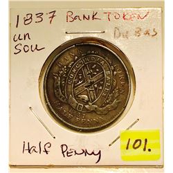 1837 un Sou Lower Canada Half Penny Token