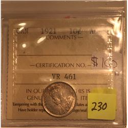 1921 Canada Silver Ten Cent; ICCS Grade AU-58