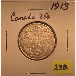 1913 Canada Silver Twenty-five Cent