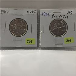 1963 & 1965 Canada Twenty-five Cent pcs
