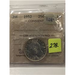 1952 Canada Silver Twenty-five Cent; ICCS Graded MS-60 (Glue-on Holder)