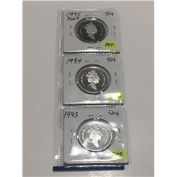 1993, 1994, 1995 Canada Fifty Cent pcs. - Gem BU 50
