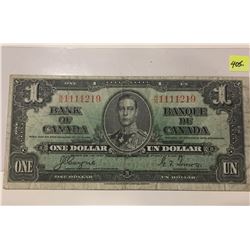 1937 Bk of Canada One Dollar Bill; SN N/N 1111219