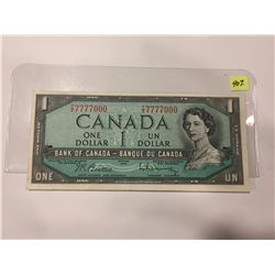 1954 Bk of Canad One Dollar Bill; SN T/Z 7777000