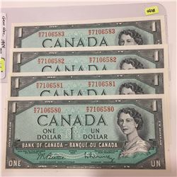 4 - 1954 Bk of Canada One Dollar Bills; Consecutive SN's; Uncirc.