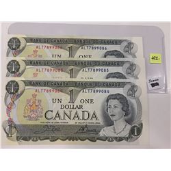 3 - 1973 Bk of Canada One Dollar Bills; Consecutive; Crisp; Uncirc.