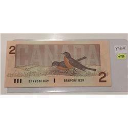1986 Canada Two Dollar Bill; Radar Note; SN BRN 9381839; Uncirc.