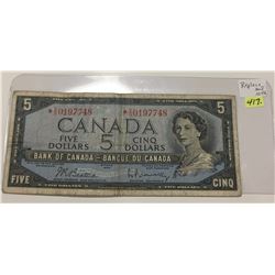 1954 Canada Five Dollar Bill; SN * V/S 0197748; Replacement Note