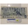 Image 1 : 1986 Canada Five Dollar Bill; SN ANX0074224; Scarce Replacement Note