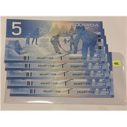 5 Consecutive 2006 Canada Five Dollar Bills; SN ANU 6971932 - 36 Uncirc.