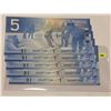 Image 1 : 5 Consecutive 2006 Canada Five Dollar Bills; SN ANU 6971932 - 36 Uncirc.