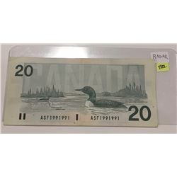 1991 Canada Twenty Dollar Radar Note; Bonin/Thiessen; SN ASF 1991991