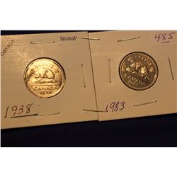 1938; 1983 Canada Five Cent Coins (2)
