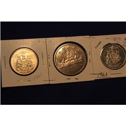 1963 Canada Silver Dollar & Fifty Cent Coins (3)