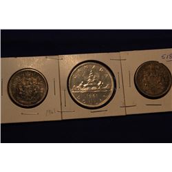 1961 Canada Silver Dollar & Fifty Cent Coins (3)