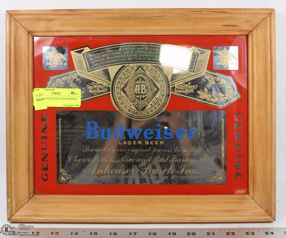 BUDWEISER FRAMED BAR MIRROR 11” X 14”