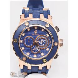 6) ROCAWEAR BLUE STRAP & DIAL, ROSE-TONE SS WATCH