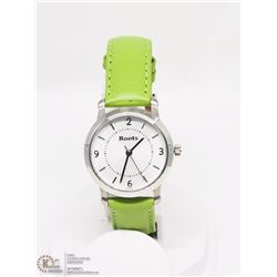 10) ROOTS GREEN STRAP SS, SILVER DIAL LADIES WATCH