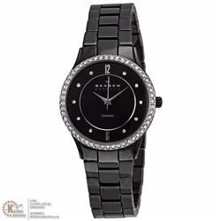 19) SKAGEN BLK BRACELET CRYSTAL BEZEL LADIES WATCH