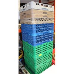 STACK OF 9 PLASTIC DISHWASHER RACKS WITH CONTENTS