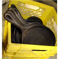 YELLOW MILK CRATE FULL OF CAST IRON SKILLETS