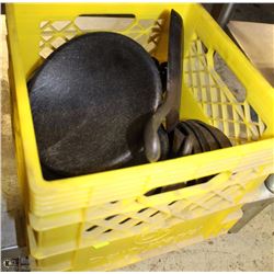 YELLOW MILK CRATE FULL OF CAST IRON SKILLETS