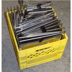 YELLOW MILK CRATE OF ASSORTED STAINLESS INSERT LID