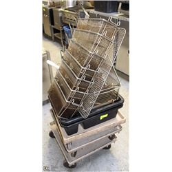 ASSORTED LOT OF FRY BASKETS, TOTES, 3 DOLLIES
