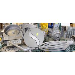 SHELF OF ASSORTED COMMERCIAL MIXER ACCESSORIES