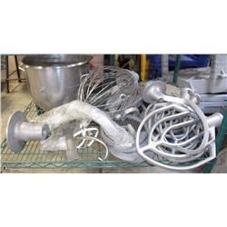 SHELF OF ASSORTED COMMERCIAL MIXER ACCESSORIES