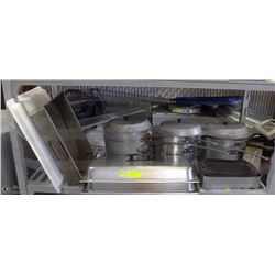 ONE SHELF OF MISC KITCHEN POTS, PANS ETC